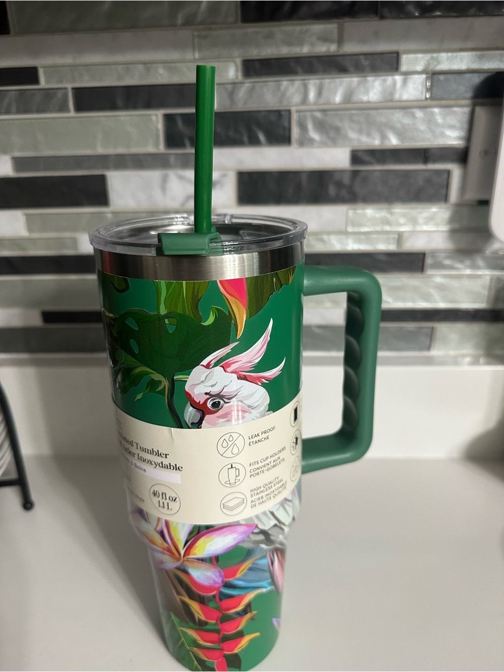 Ashland Green Tropical Bird Travel Tumbler with Handle and Straw